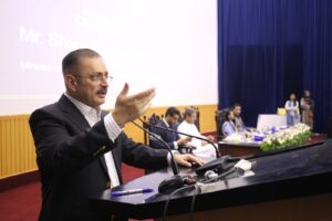 Sharjeel Inam Memon at the inauguration of the Dawood University dormitory and sports complex in Karachi.