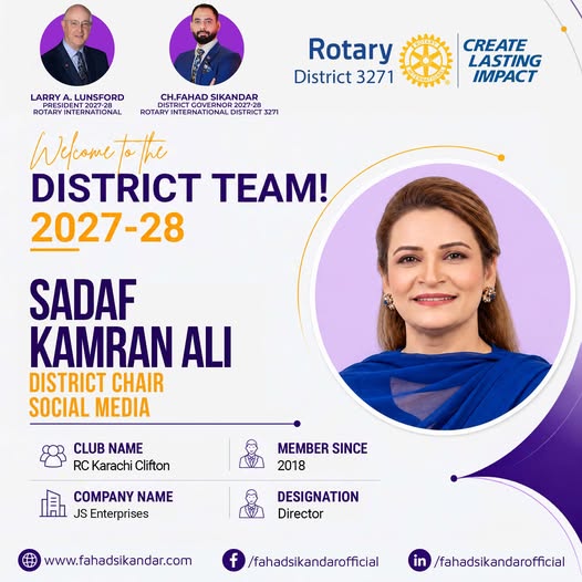Sadaf Kamran Ali, appointed District Chair for Social Media at Rotary International District 3271 for 2027–28.