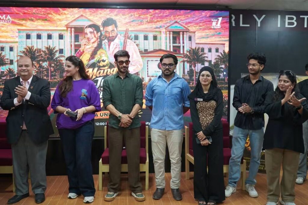 Faysal Quraishi, Hareem Farooq and Mohammad Ali during the Mango Jutt cast visit to ILMA University.