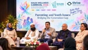 Participants and organisers at the Khudi Wellness Carnival 2026 at Greenwich University Campus in Karachi.