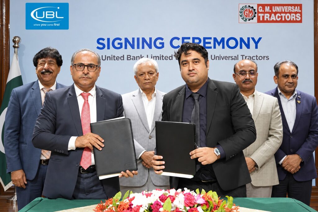 Governor Sindh Syed Muhammad Nehal Hashmi with UBL Rural Bank and Universal Agri Tractor Company representatives at the tractor financing partnership signing ceremony in Karachi.
