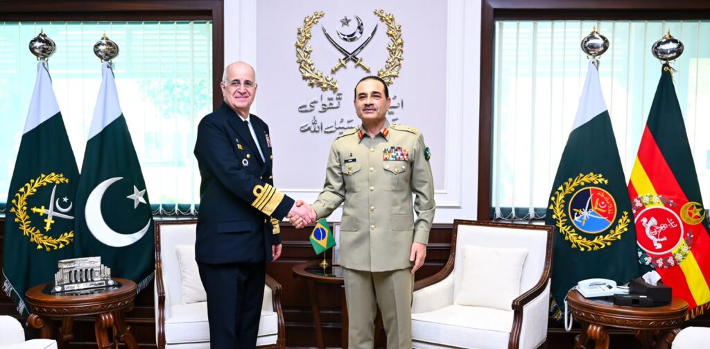 Field Marshal Syed Asim Munir meets a Brazilian defence delegation led by Admiral Renato Rodrigues De Aguiar Freire at GHQ.