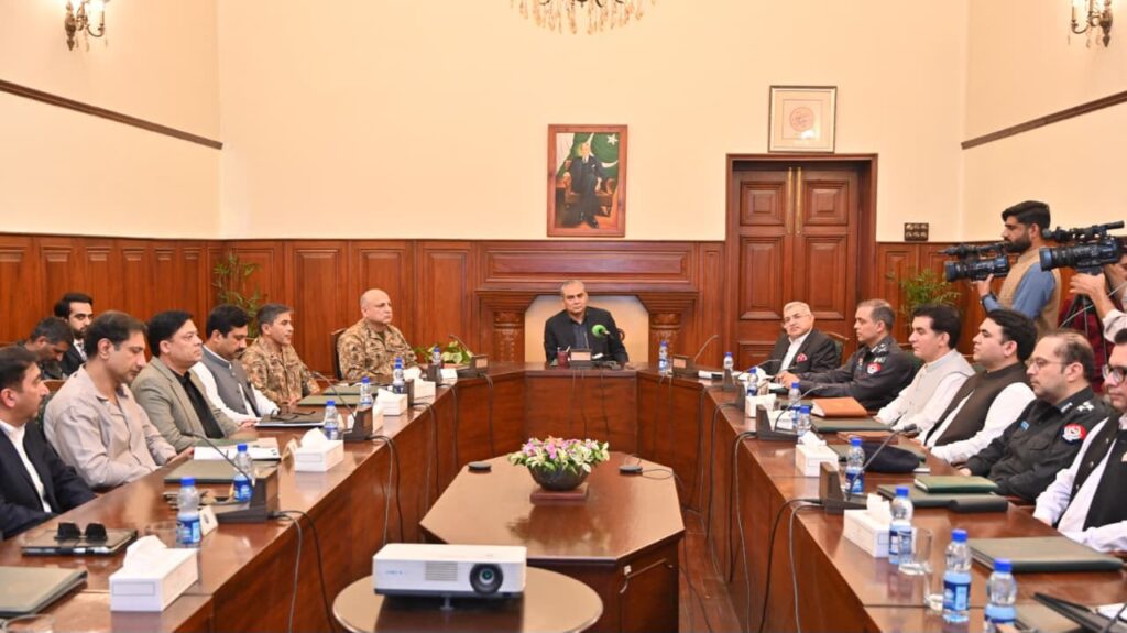 Federal Interior Minister Mohsin Naqvi chairs a Regional Development Secretariat meeting in Peshawar on development funding for 12 KP districts.