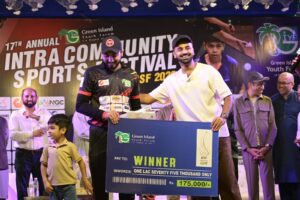 Young participants take part in the Green Island Youth Forum's 17th Intra-Community Sports Festival at KMC Sports Complex in Karachi.
