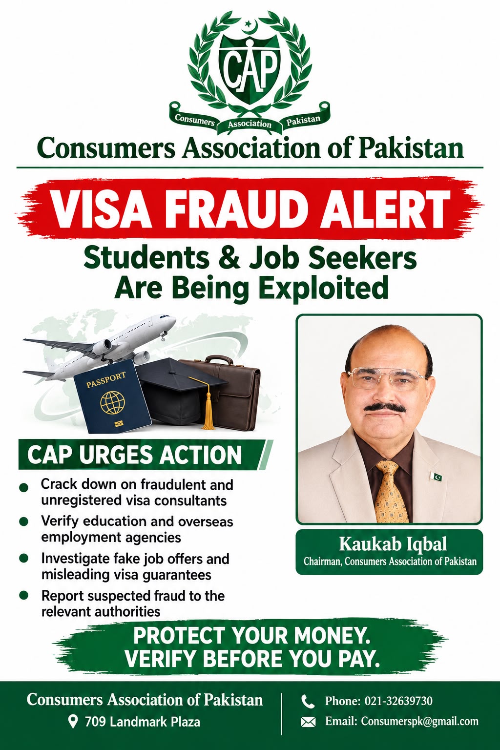 CAP Chairman Kaukab Iqbal urges authorities to crack down on fraudulent visa consultants in Pakistan