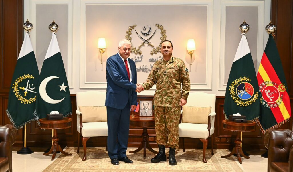 Field Marshal Asim Munir and Russian Interior Minister Vladimir Kolokoltsev discuss bilateral security cooperation at GHQ.