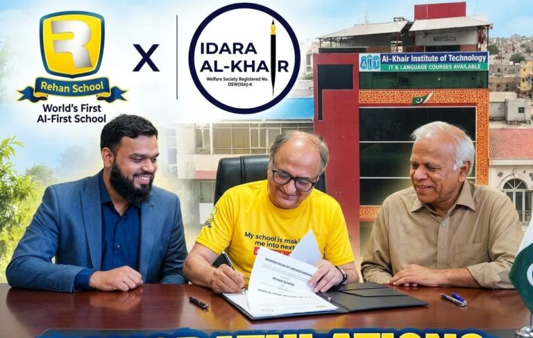 Rehan School and Al-Khair Institute of Technology agreement to introduce AI education through the ACCL programme in North Karachi.