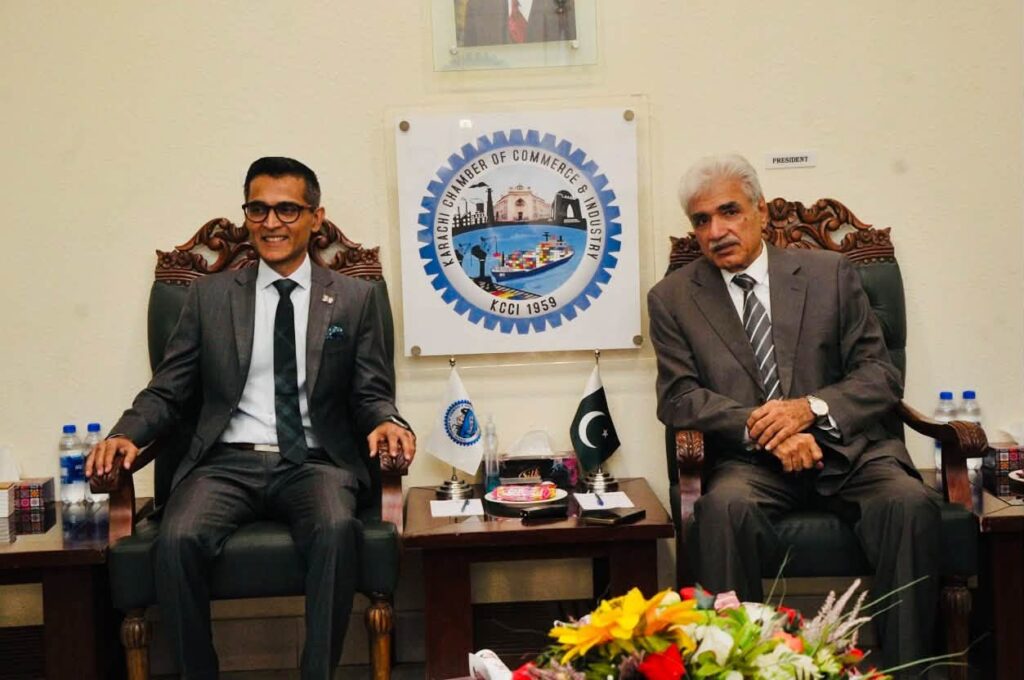 Talat Mehmood, KCCI president, receives a courtesy visit from Rotary District 3271 Governor Shahzad Sabir and delegation.
