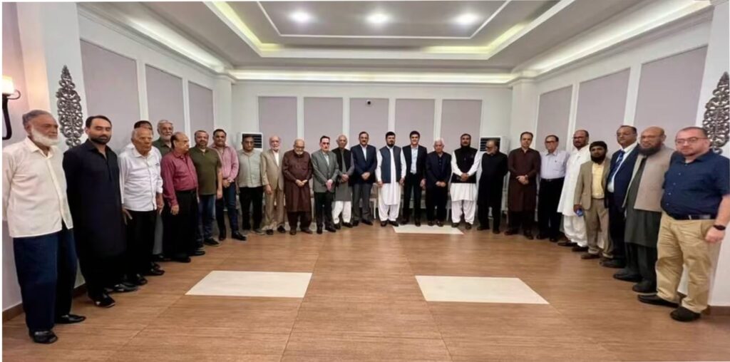 FPCCI Elections discussed at a BMP Sindh meeting attended by Khurram Tariq Sayeed, Mian Anjum Nisar and Haji Ghulam Ali.