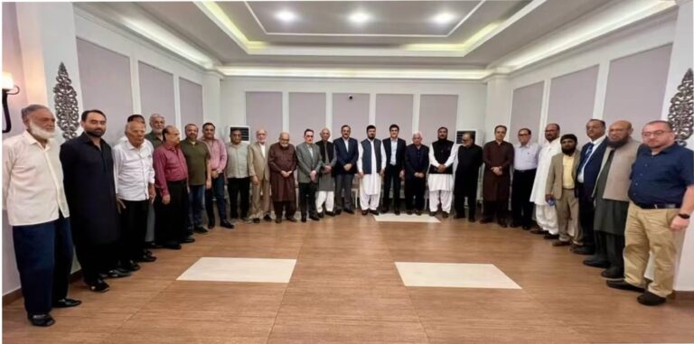 FPCCI Elections discussed at a BMP Sindh meeting attended by Khurram Tariq Sayeed, Mian Anjum Nisar and Haji Ghulam Ali.