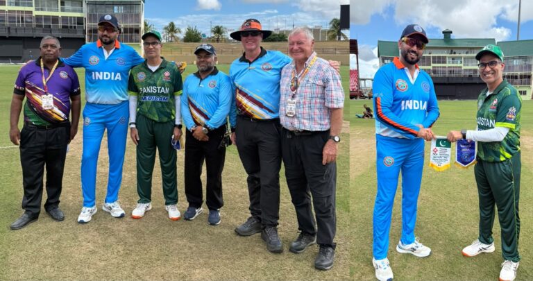 Pakistan Cricket team defeats India by eight wickets in the IMC Over-40 Cricket World Cup in Guyana.
