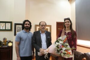 Arts Council Karachi President Mohammad Ahmed Shah meets Rayee Jasmine of the Belgian Embassy.
