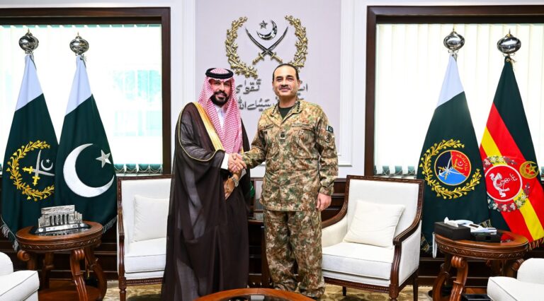 Field Marshal Asim Munir and Saudi Ambassador Rajeh Tami Albugamy meet at General Headquarters in Rawalpindi.