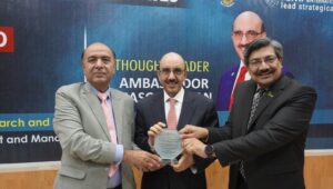 Ambassador Masood Khan delivers a lecture on global diplomacy and leadership at ICMA in Islamabad