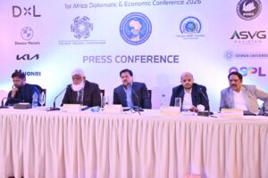 Muhammad Rafiq Memon speaks at the PSCTF press conference for the 1st Africa Diplomatic and Economic Conference 2026