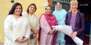 Women entrepreneurs and WCCI Khanewal representatives welcome German Ambassador Ina Lepel at WCCI Multan.