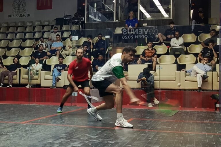 Asim Khan at the Venice ABC Open Squash Championship in Karachi after his quarter-final defeat.