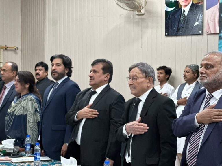 Farooq Naek addresses a ceremony at Government Pir Ilahi Bux Law College in Dadu marking Pir Ilahi Bux’s 51st death anniversary.