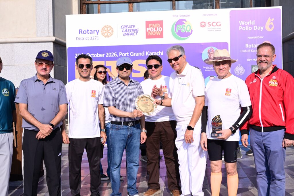 Polio Rally in Karachi organised by Rotary District 3271 with cyclists, civic leaders and health partners.