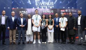 Venus Open squash tournament in Karachi featuring Egyptian champions Karim El Hammamy and Rowan Elaraby.