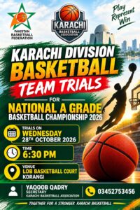 Karachi Basketball Trials announced by KBA at the LOB Basketball Court in Korangi.