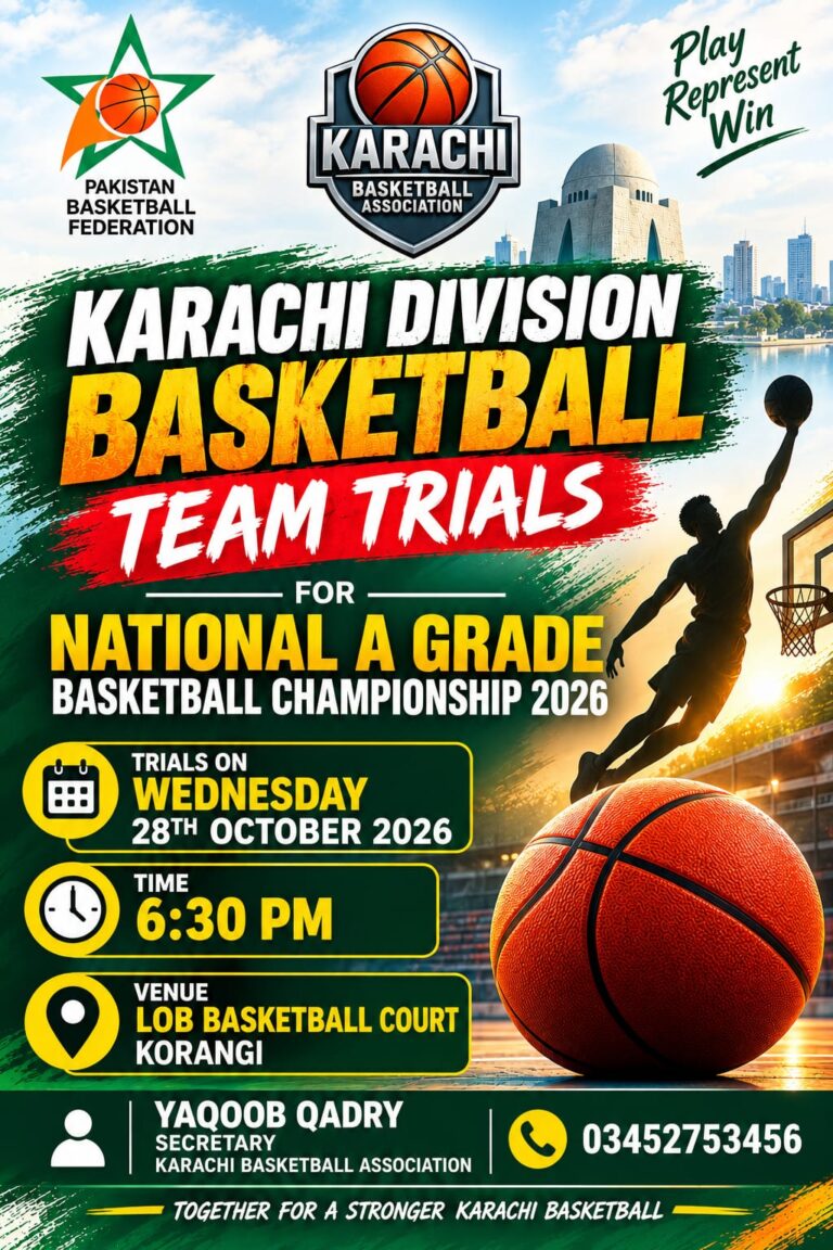Karachi Basketball Trials announced by KBA at the LOB Basketball Court in Korangi.