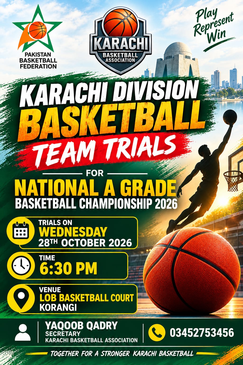 Karachi Basketball Trials announced by KBA at the LOB Basketball Court in Korangi.