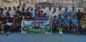 JUI Football Academy and Mujahid Sports players at a football match organised by JUI Youth Forum in Lyari, Karachi.