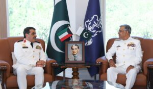 Pakistan Navy Chief Admiral Naveed Ashraf and Kuwait Naval Force Commander Saif Abdulhadi Alhamlan during their meeting in Islamabad.