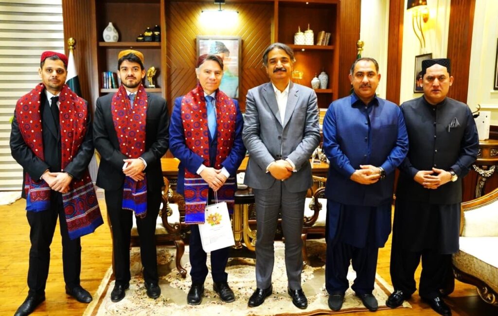 Portugal Ambassador Paulo Domingues meets Acting Sindh Governor Awais Qadir Shah at the Provincial Assembly of Sindh in Karachi.