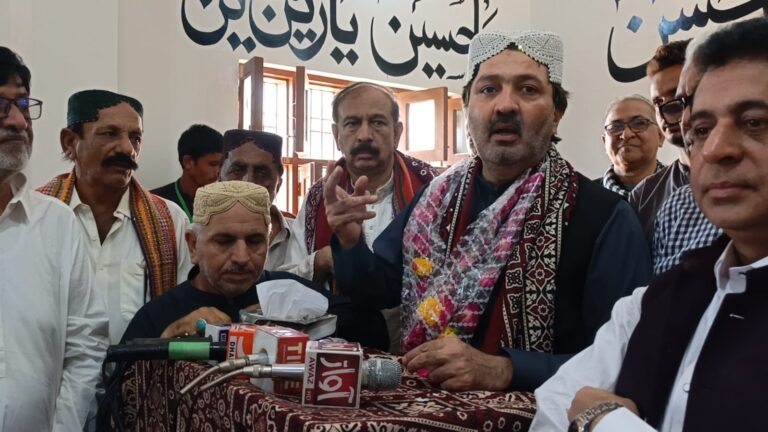 Masooma-e-Sindh Shrine in Agham Kot during a visit by Sindh Auqaf Minister Riaz Hussain Shah Sheerazi to review construction and pilgrim facilities.