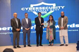 Telenor Pakistan executives Awais Vohra and Shan Haq receive the Cybersecurity Excellence award at the PTA Telecom Cyber Security Awards 2026.