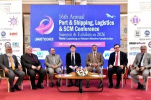 Ateeq Ur Rehman discusses Pakistan’s maritime economy, port infrastructure and transshipment opportunities at a conference.