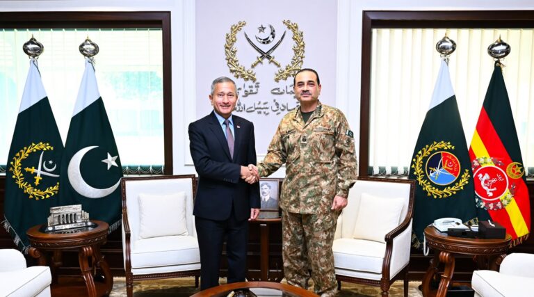 Asim Munir and Singapore Foreign Minister Vivian Balakrishnan meet at General Headquarters in Rawalpindi.
