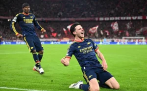 Declan Rice scores for Arsenal in the 2-2 Champions League draw against Bayern Munich.