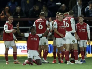 Fleetwood Arsenal match as fourth-tier Fleetwood Town celebrate their League Cup penalty shoot-out win.